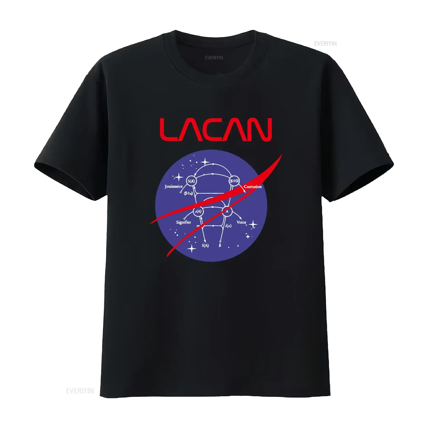 T-shirt de style vintage délavé avec design du programme spatial lacanien, inspiré de la philosophie de Jacques Lacan, pour une mode tendance et un usage quotidien