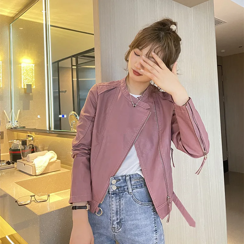 Spring Fall Women Slim Short Pink Faux Leather Jacket Stand Collar Zipper Long Sleeve Washed PU Motorcycle Jacket Female Outwear