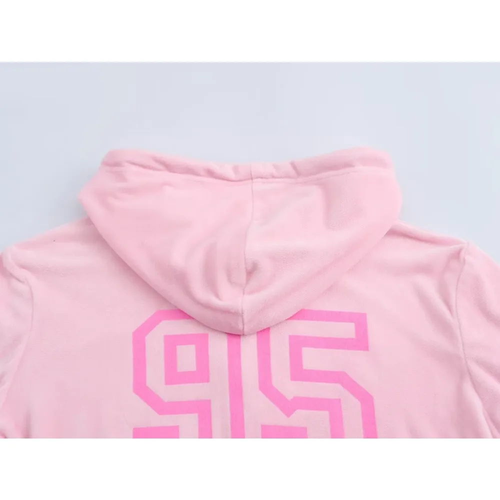 Aesthetic Women\'s Gorgeous Pink Two-piece Sport Set Fashion Velvet Hooded Jacket with Tonal Text Matching ComfyText Velvet Pants
