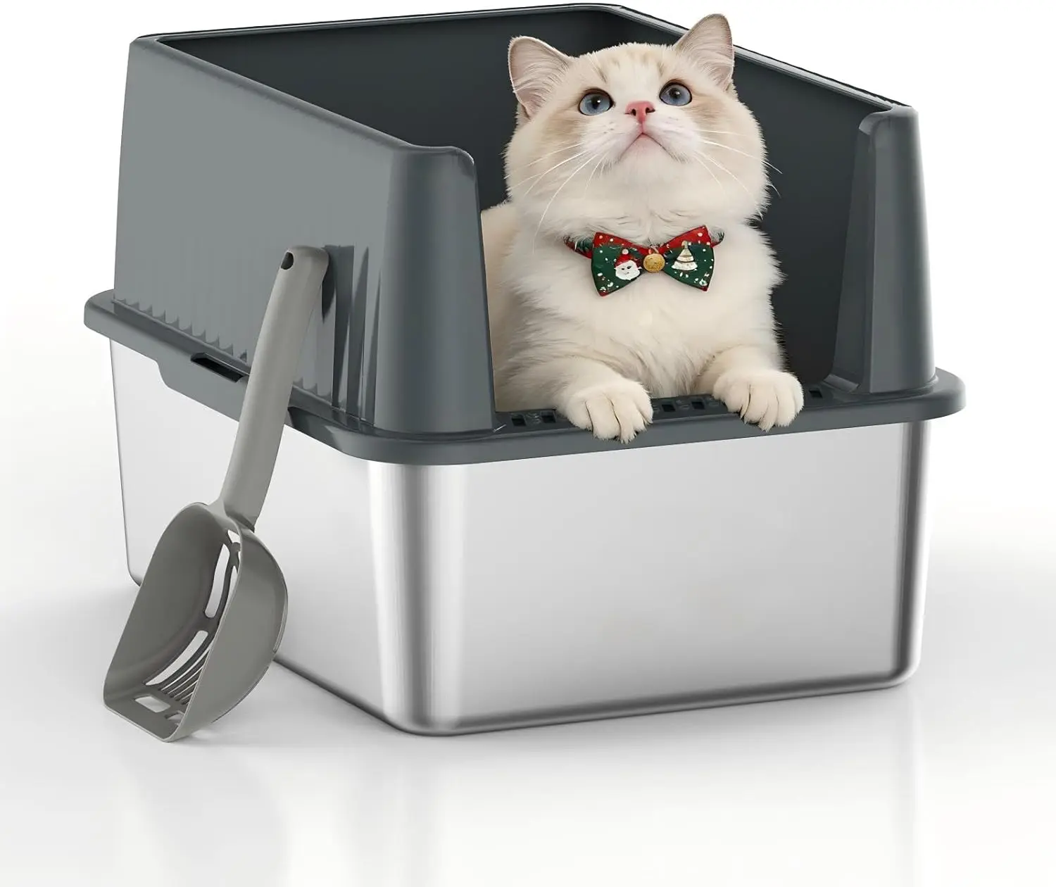 

Stainless Steel Metal Litter Box for Kittens & Small Cats, 11.8" High Sides Prevent Litter Scatter, Open Top Litter Pan