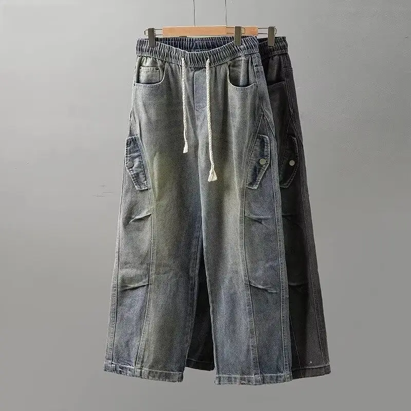 

2025 Spring Autumn Men's Jeans Flap Pockets Lightweight Denim Cargo Pants Wide Leg Baggy Jeans Straight Trousers Men Clothing