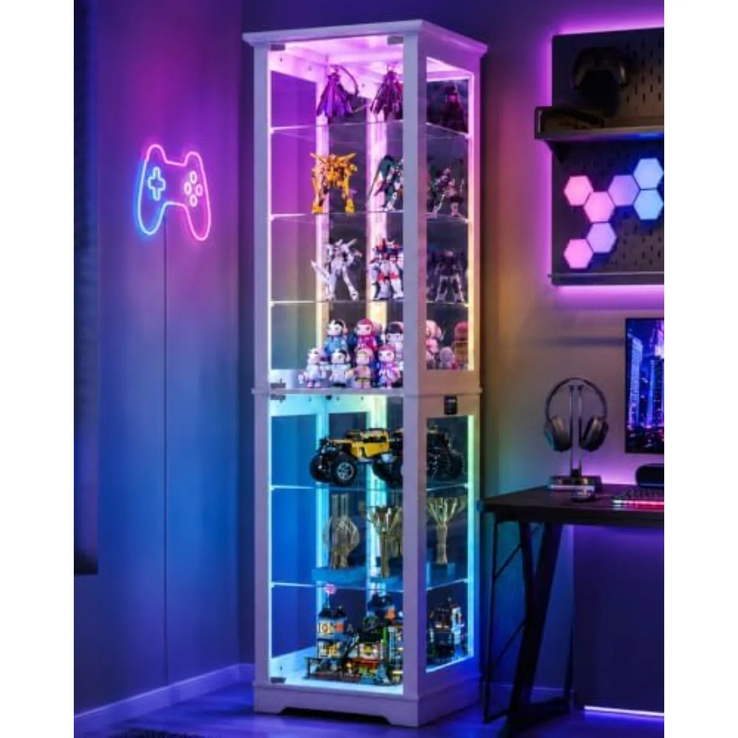 Display Cabinet with Glass Doors, 7 Tier RGB Lights Curio Cabinet | APP-Controlled LED Glass Display Case,Human Sensor