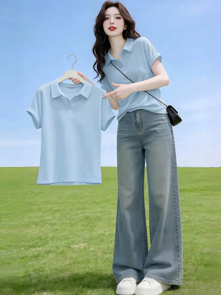 

Elegant Blue Neck Short Sleeve T-Shirt Breathable Slim Fit Summer New Style Casual Fashion Top for Women Comfortable Ski...