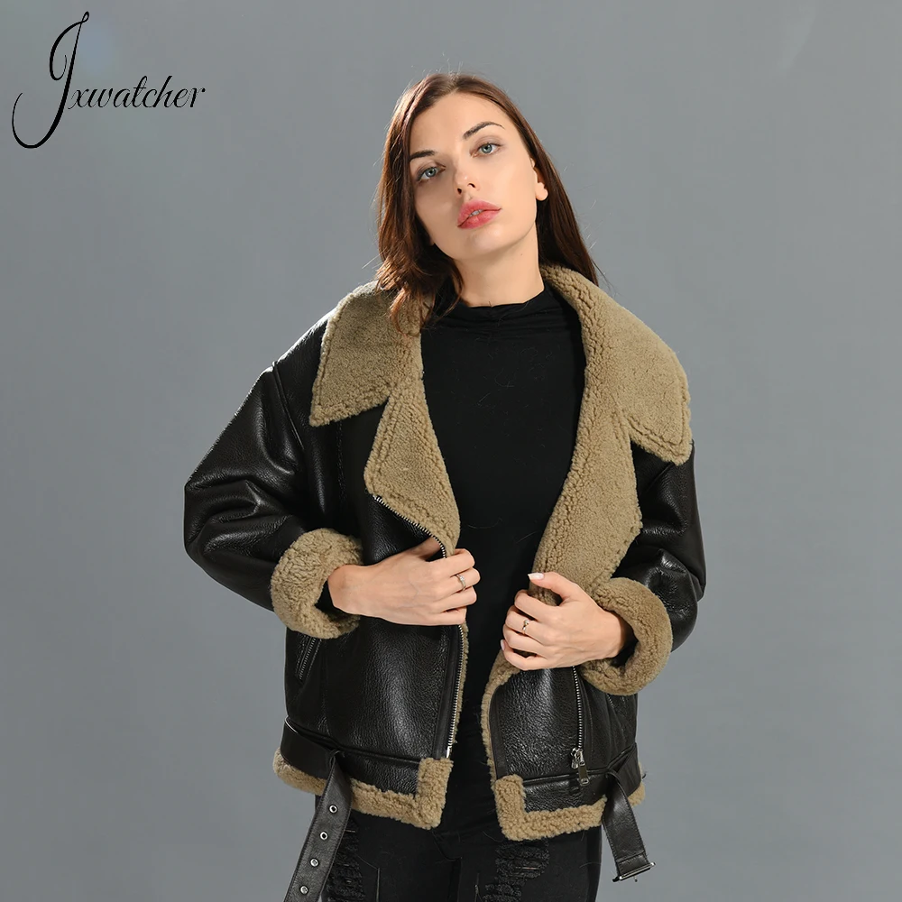 

Jxwatcher Women Shearling Coat Ladies Sheepskin Jacket Real Leather Lamb Fur Blet Coat Winter Full Sleeves Warm Zipper Outerwear