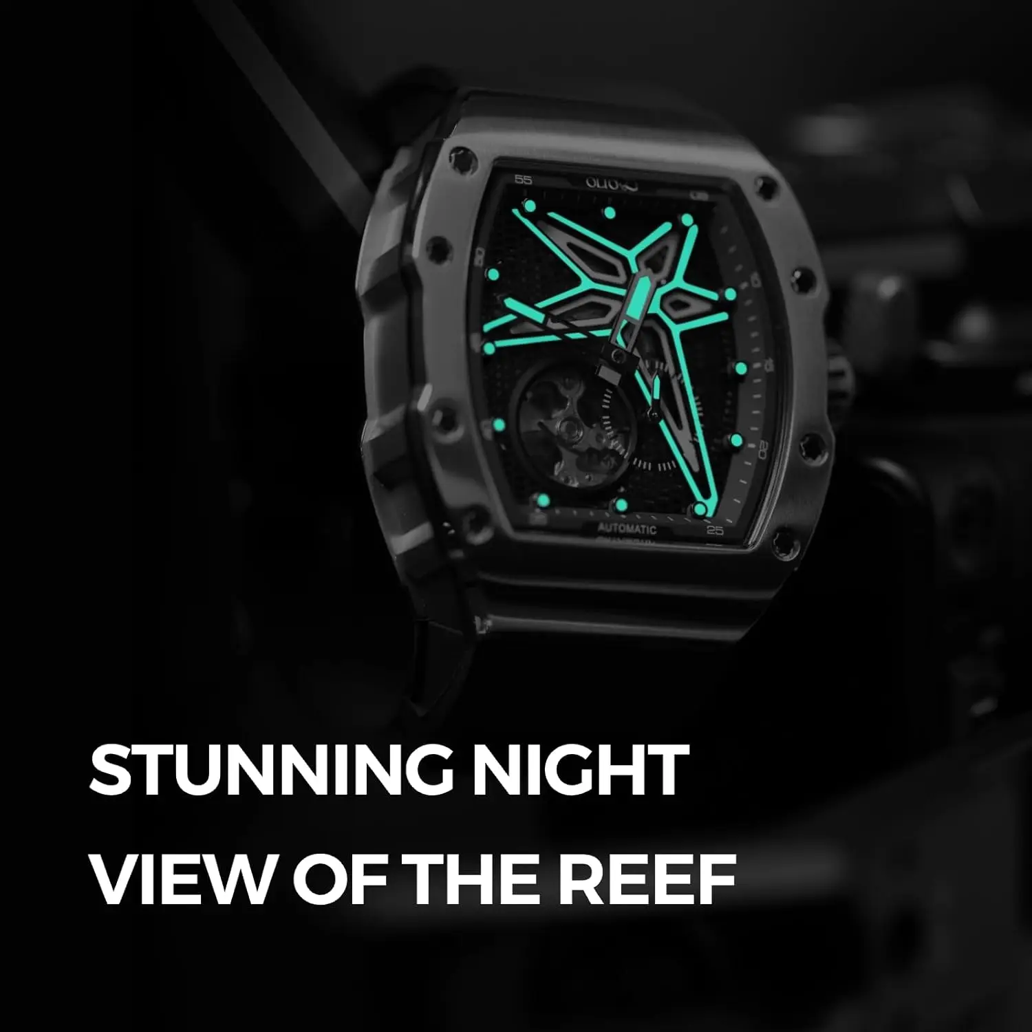 OLTO-8 Luxuriöse automatische mechanische Uhr mit Silikonarmband, Tonneau-Skelettuhren für Herren, Edelstahl, 5 ATM wasserdicht