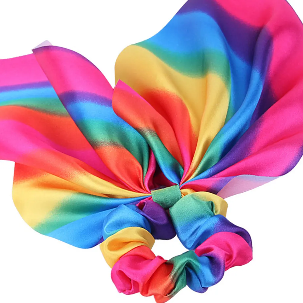 

2pcs Rainbow Rabbit Ear Tie Cloth Ponytail Holder Elastic Hair Rope For Women Girls Daily Wear Tassel Hair Accessory