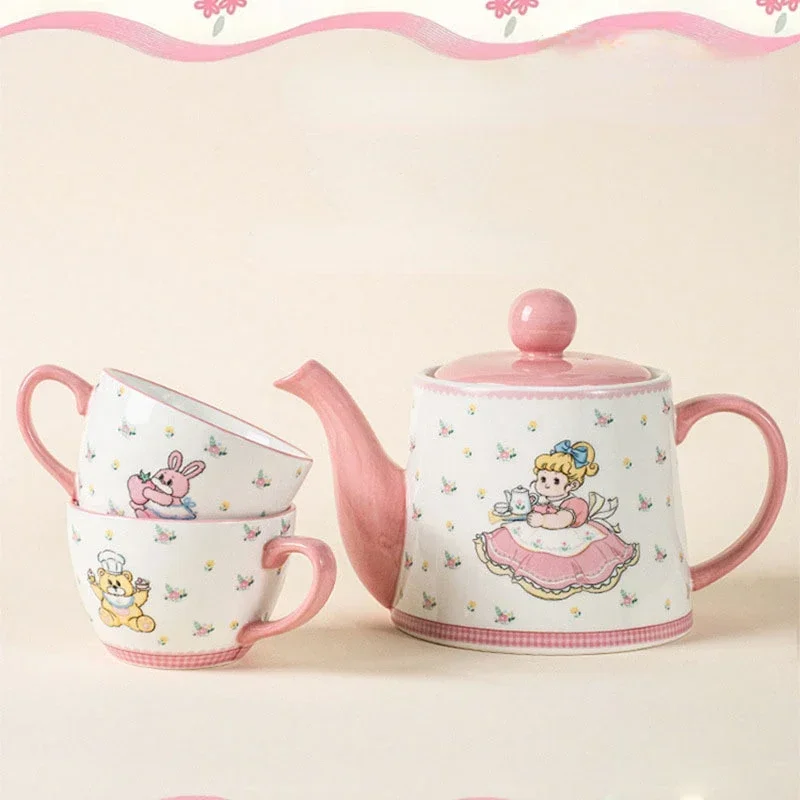 

Cartoon Girl Teapot Coffee Cup Set Pink Rabbit Ceramic 2 Cup and Pot Set for Friend Birthday Gift Premium Painting Craft Tea Pot