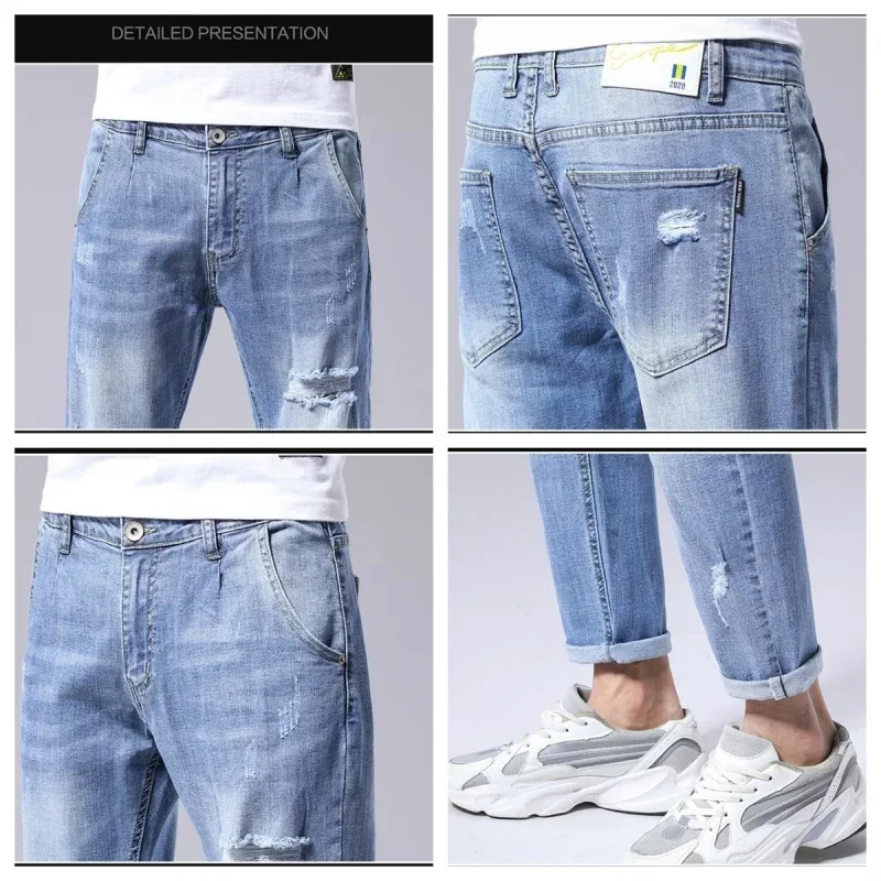 Jean bleu clair déchiré pour homme, pantalon en denim, grande taille 44 46 48, harem rayé, trous décontractés, hip hop, fjRinse Length Plus