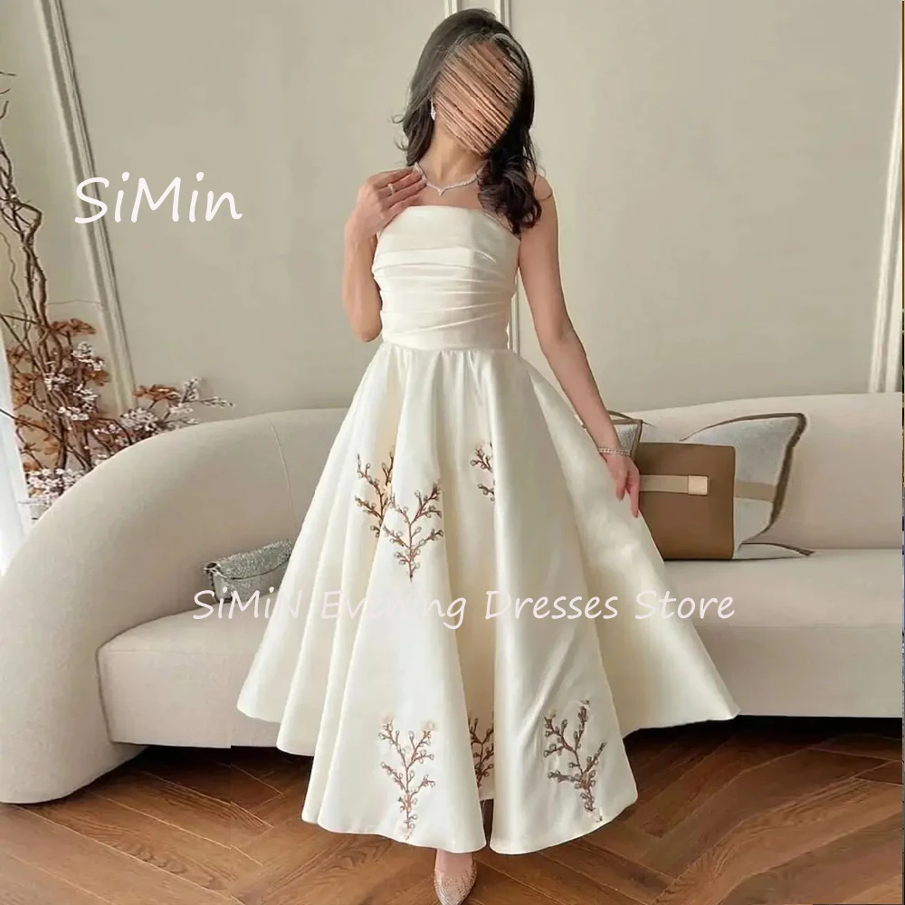 Simin Saudi Strapless Satin A-line Ruffle Sleeveless Embroidery Lace up Ankle-Length Arab Evening Party dresses for women 2024