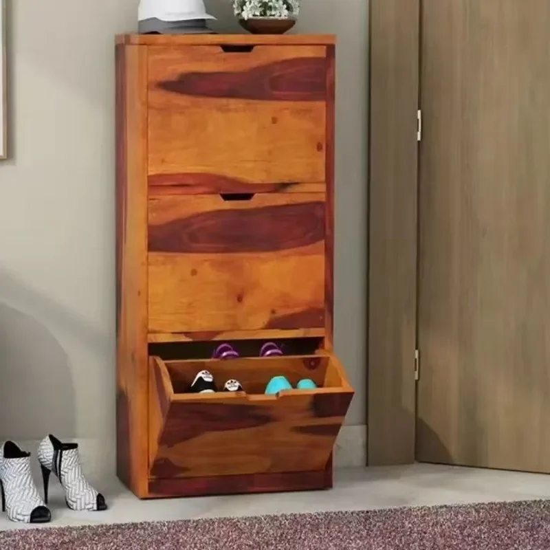 Wooden shoe cabinet Ultra-thin tipping bucket shoe cabinet Household door entrance entrance cabinet Living room balcony storage