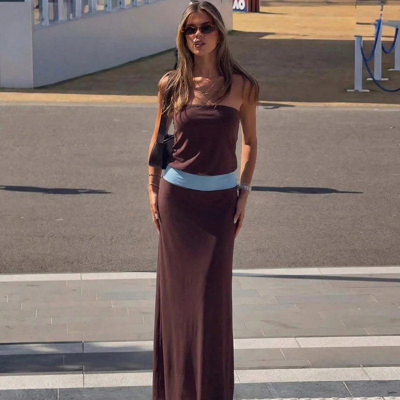 Streetwear Brown Off The Shoulder Straight Dress 2026 Summer Elegant Slim Long Dresses Fashionable Patchwork Floor-Length Dress