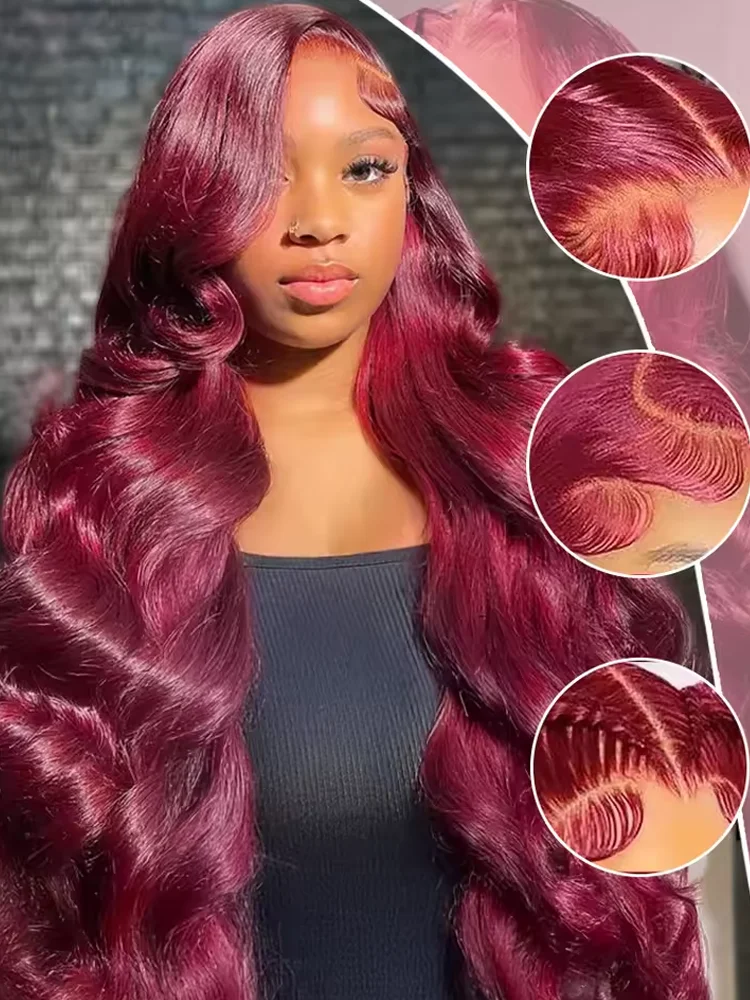 99J Burgundy Lace Front Wig 250 Density 13x4 HD Transparent Lace Frontal Human Hair Wigs Body Wave Human Hair Wig 99J Colored Pre Plucked With Baby Hair For Women Choice