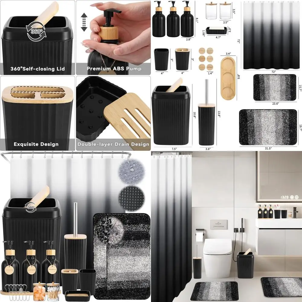 

Black Bathroom Set with Shower Curtain, Rugs, and Trash Can Accessories