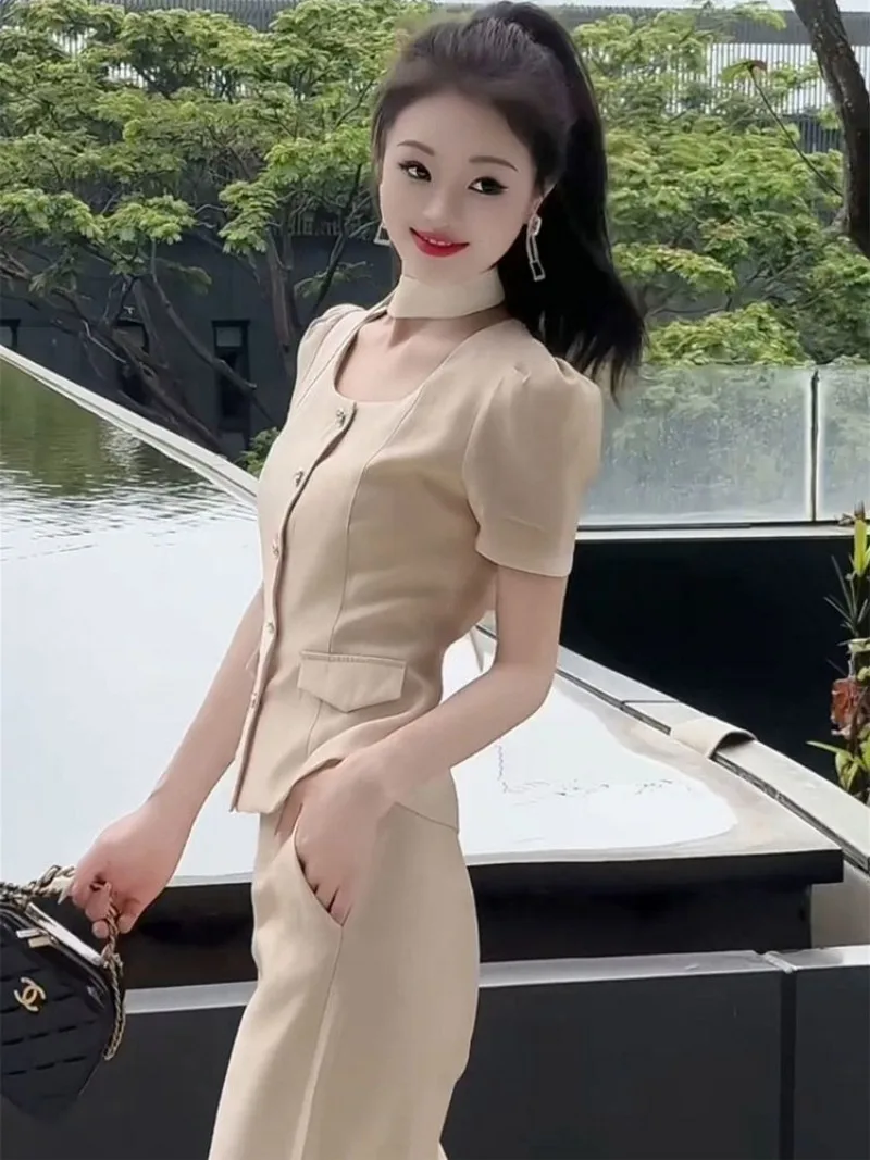 

Новый элегантный французский офисный женский комплект из двух предметов, женский летний пышный топ с коротким рукавом и круглым вырезом + прямой широкий брючный костюм