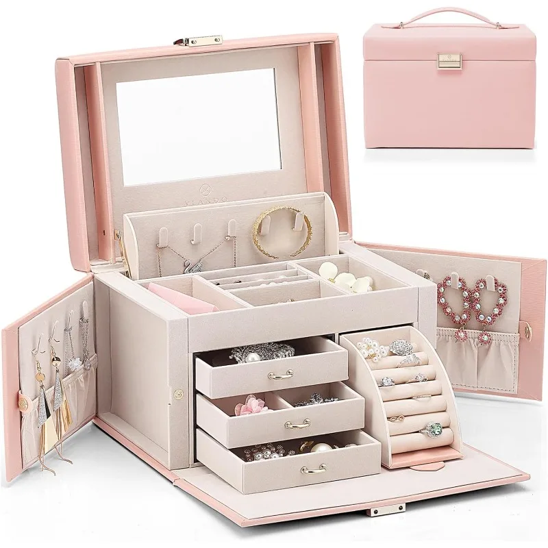 

Mirrored Jewelry Box Organizer, Leather Jewelry Storage Case, Necklaces Earrings Rings Brackets Box Holder, Pink