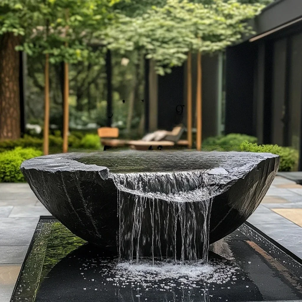 Black Mountain stone water bowl basin courtyard Chinese fountain stone carving water fountain garden  water feature