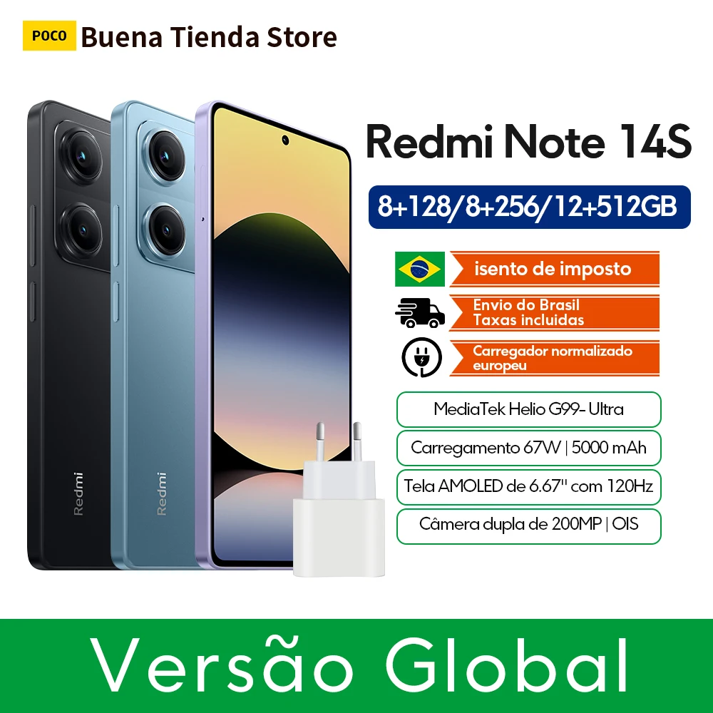 Versión Global Xiaomi Redmi Note 14S Smartphone MTK Helio G99 200MP Cámara 120Hz 6,67 "Pantalla AMOLED 67W Hyper Charge 5000mAh