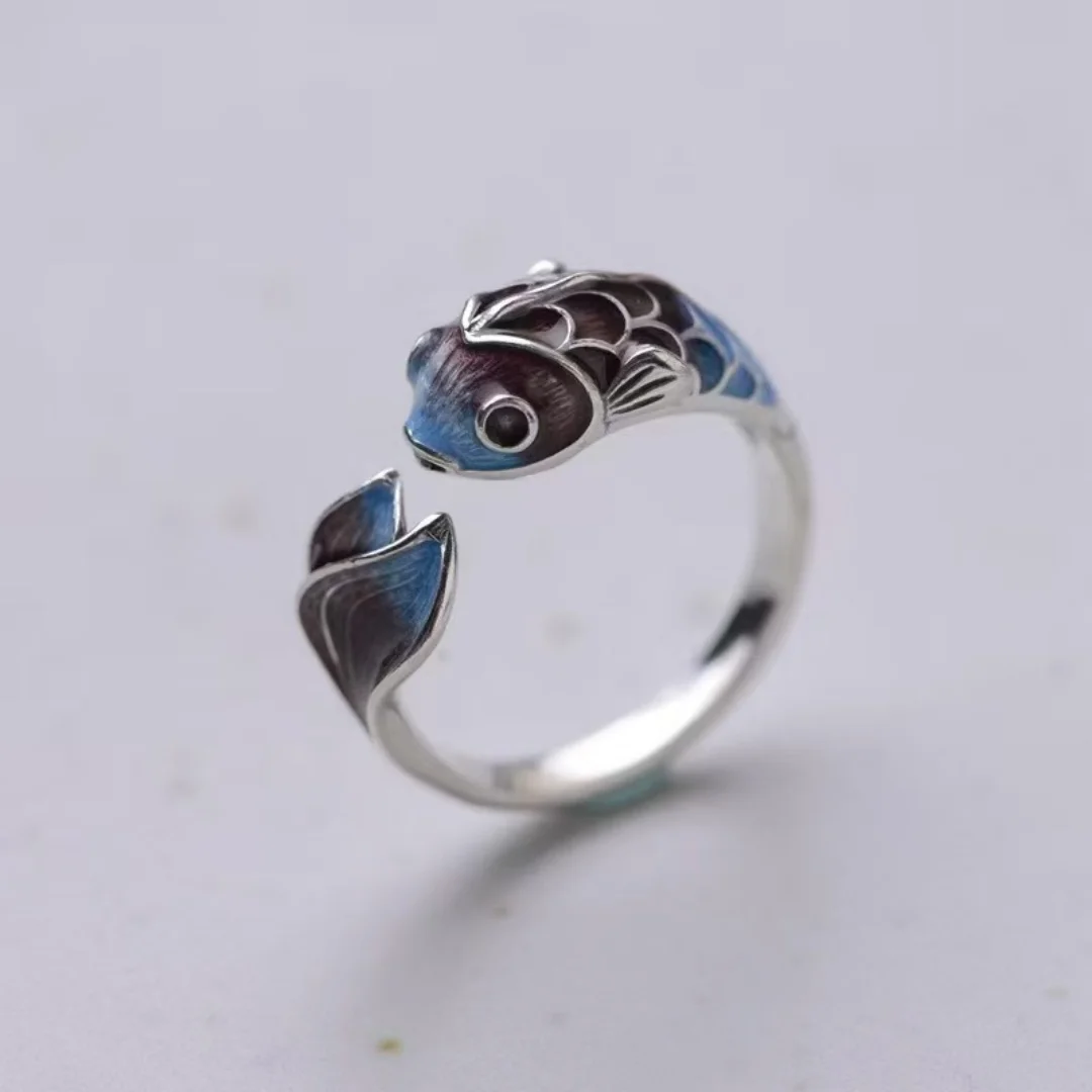 Retro Lucky Koi Fish Open-End Ring, Elegant Silver Fish-Shaped Women's Fashion Ring, Party Jewelry Gift.
