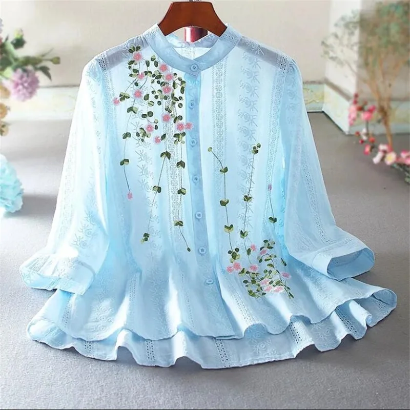 Literature Embroidery Blouses Women Shirt Loose Pure Cotton Shirt For Women Cardigan Thin Blusas Top Chinese Style Female Blouse