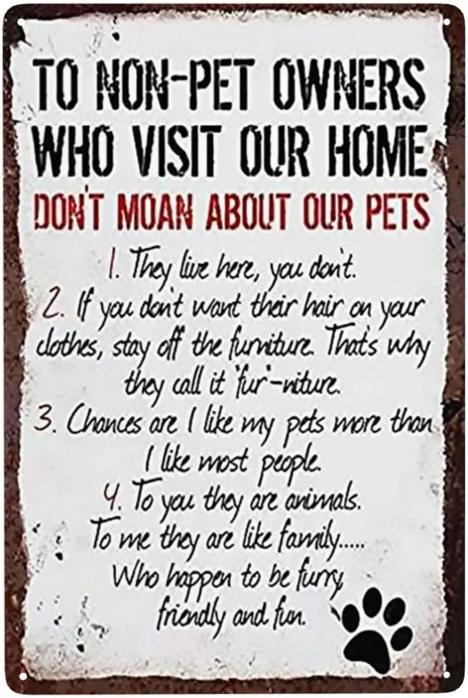 New Tin Sign Rules to Non Pet Owners Dog Cat Lover Steel Poster Gift Aluminum Metal Sign for Wall decor 8x12 INCH Metal Sign Dec