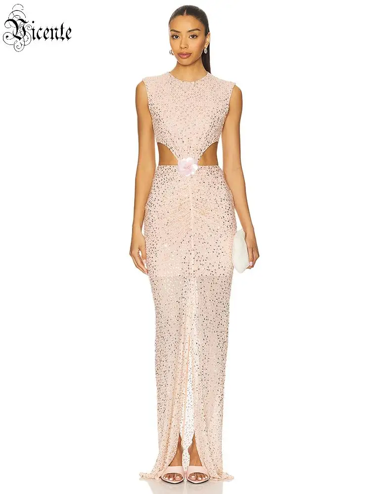 فستان طويل بدون أكمام من VC رومانسي مزين بالترتر الوردي مع قطع تفاصيل لثوب Galas الصيفي