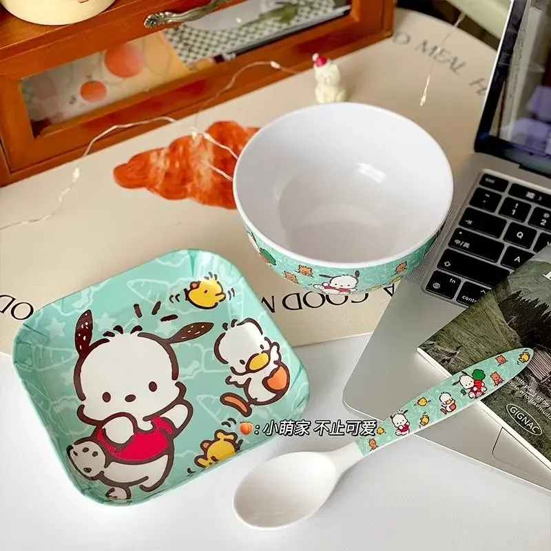 Sanrio Kawaii Anime Pochacco Hello Kitty Children Plate Bowl Tableware Set Cute Cartoon My Melody Dish Spoon Gifts for Girls