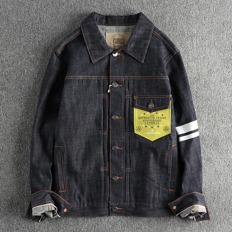 15oz Amekaji 100% Katoen Blue-Edge Zelfkant Ongsanforiseerd Gewassen Denim Jas voor Mannen Zwaargewicht Amerikaanse Retro Jeugdjassen