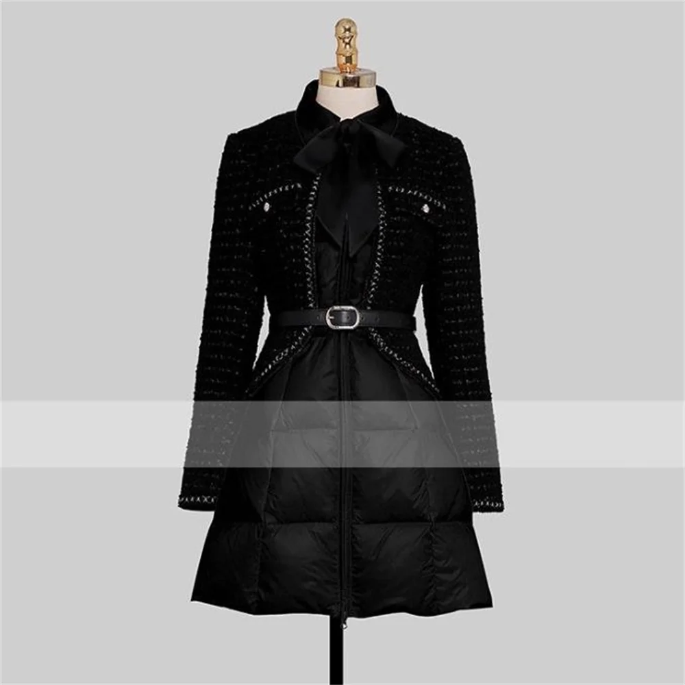 Winter New Fragrance Woolen Splicing Collar Waist Shrinking Slimming Down Jacket aline belt new   ﻿