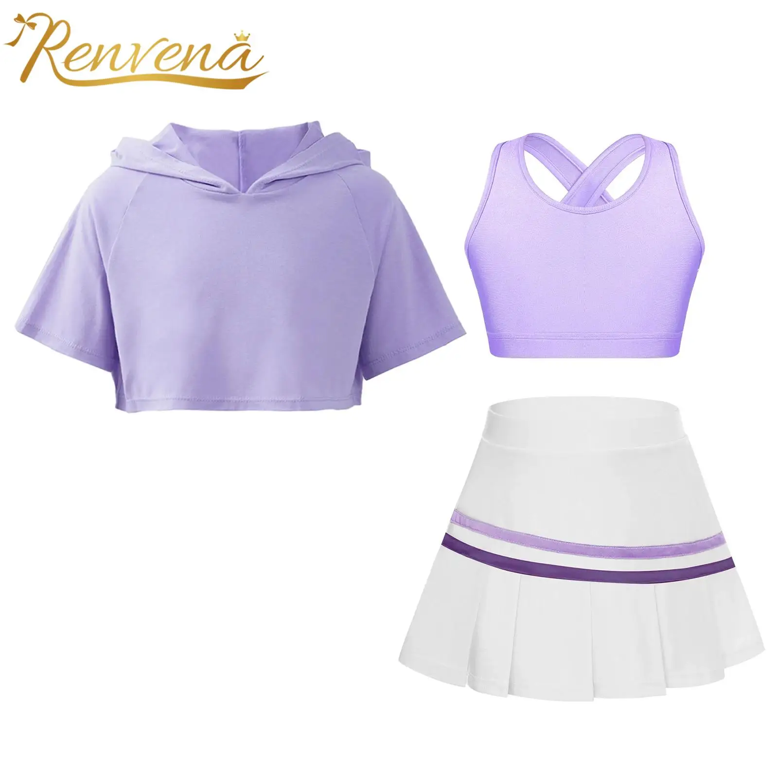 Kids Girls Gym Sports Set Tanks Pleated Skirt Hooded Top Children's Fitness Suits Sportswear for Golf Badminton Tennis Outfits