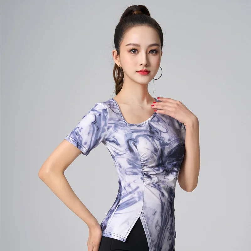 Modern Dance Costume Female Adult 2024 New Ink Wash Painting Printing Latin National Standard Short Sleeves Tops For Women S-4XL