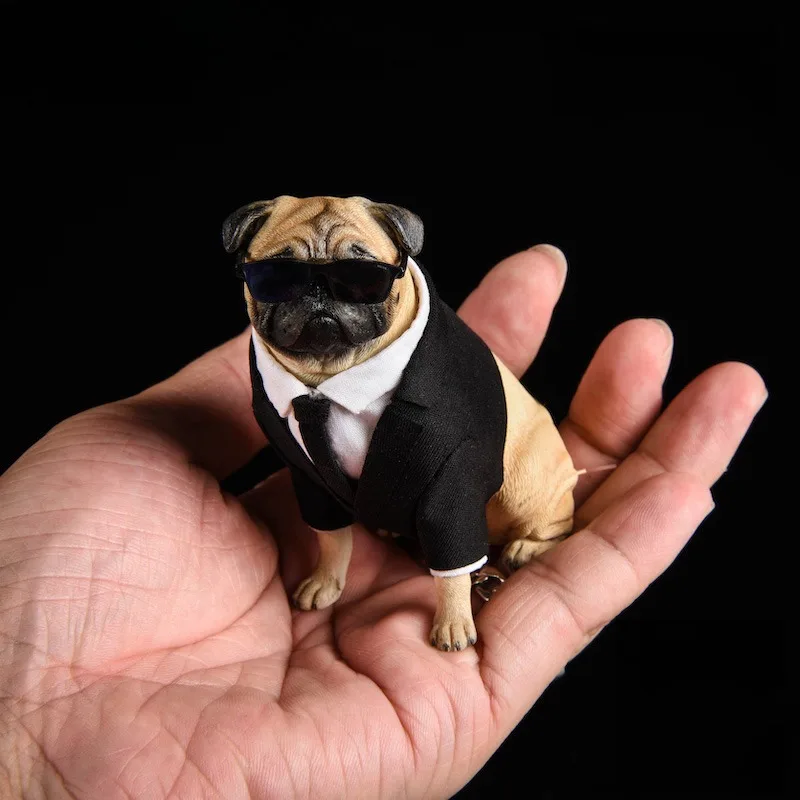 JXK 1/6 Scale Cool Pug Dog Model with Suit Glasses Model Simulated Resin Animal Dolls Car Ornaments Props