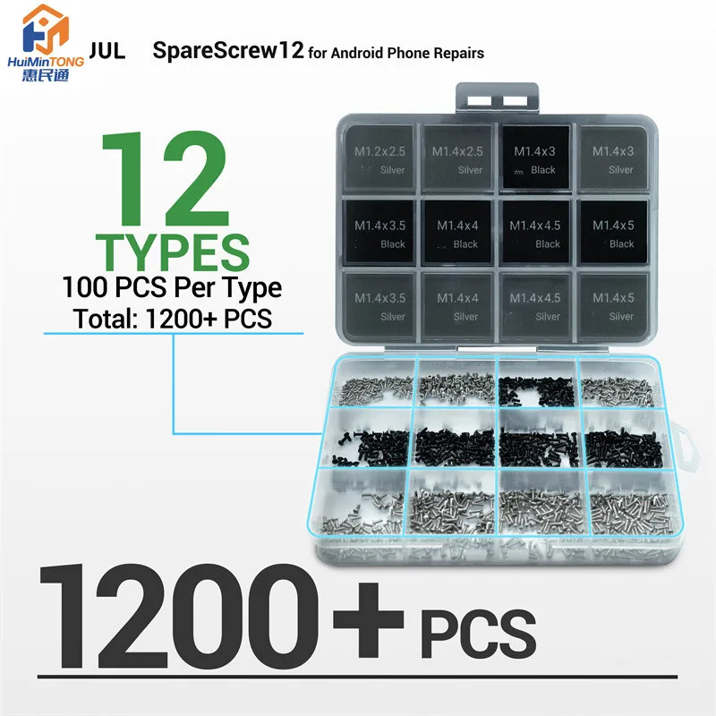 2UUL SC12 SpareScrew12 Special for Android Phones Repair Screws M1.2 M1.4 Cross Steel Round Head Screw Assortment Kit-1200pcs