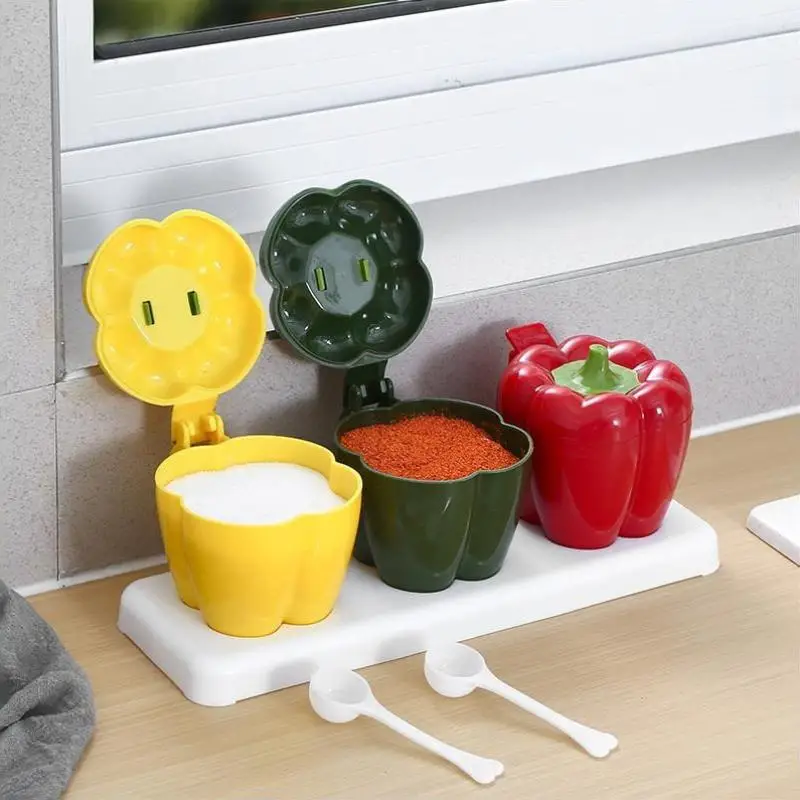 Chili Shape Plastic Seasoning Box 2026 New Household 3pcs/set Handle Splicing Apothecary Jar Kitchen Salt Shaker With Scoop
