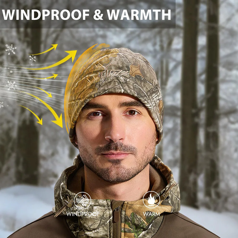 Tactical Camo Beanie Hat for Men, Fleece Skull Cap with Cuffed Knit Design for Winter Outdoor Fishing Hiking Camping Shooting