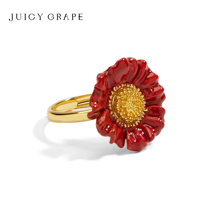 Juicy Grape Red Poppy Flower Enamel Open Ring Bold Statement Adjustable Ring for Women Vintage Romantic 2026 Fashion Jewelry