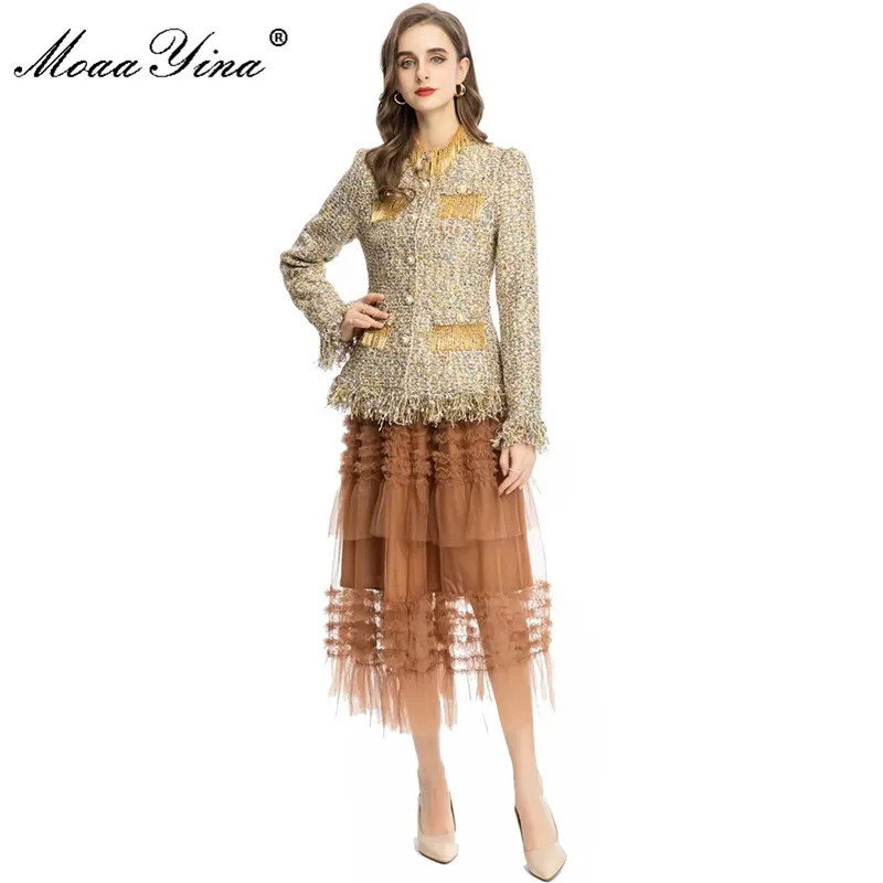 MoaaYina Designer Autumn Winter Skirts Suit Women Vintage Luxury Beading Long Sleeve Tassel Tweed Coat + Mesh Skirt 2 Pieces Set