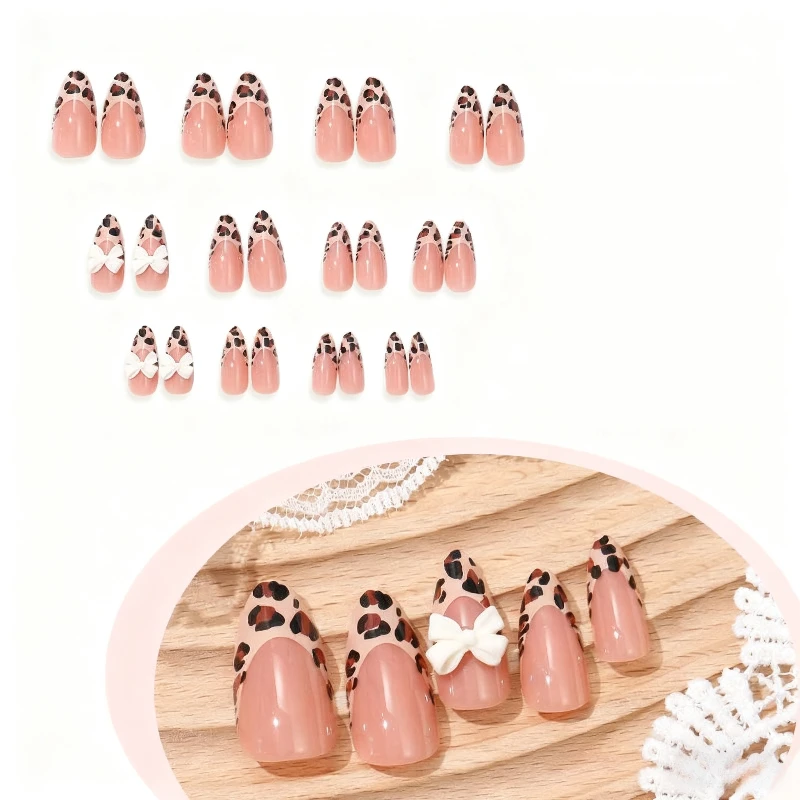 

24PCS Leopard Print Press on Nails French Edge Almond Shape Fake Nails Ins Style Hot Girls High Quality Wearable Elegant Nails