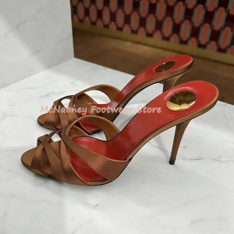 Pointed Stilettos Satin Fabric Cross-Band Roman Style Women's Shoes Claret Handmade Luxury Women's Slippers  Summer Sandals view 5