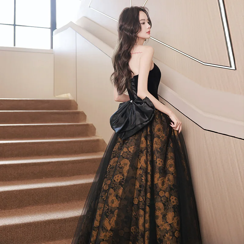 Black Strapless Evening Dress Women Sleeveless Printed Tulle Cocktail Dresses Elegant Modern Bow Applique A-line Prom Gown