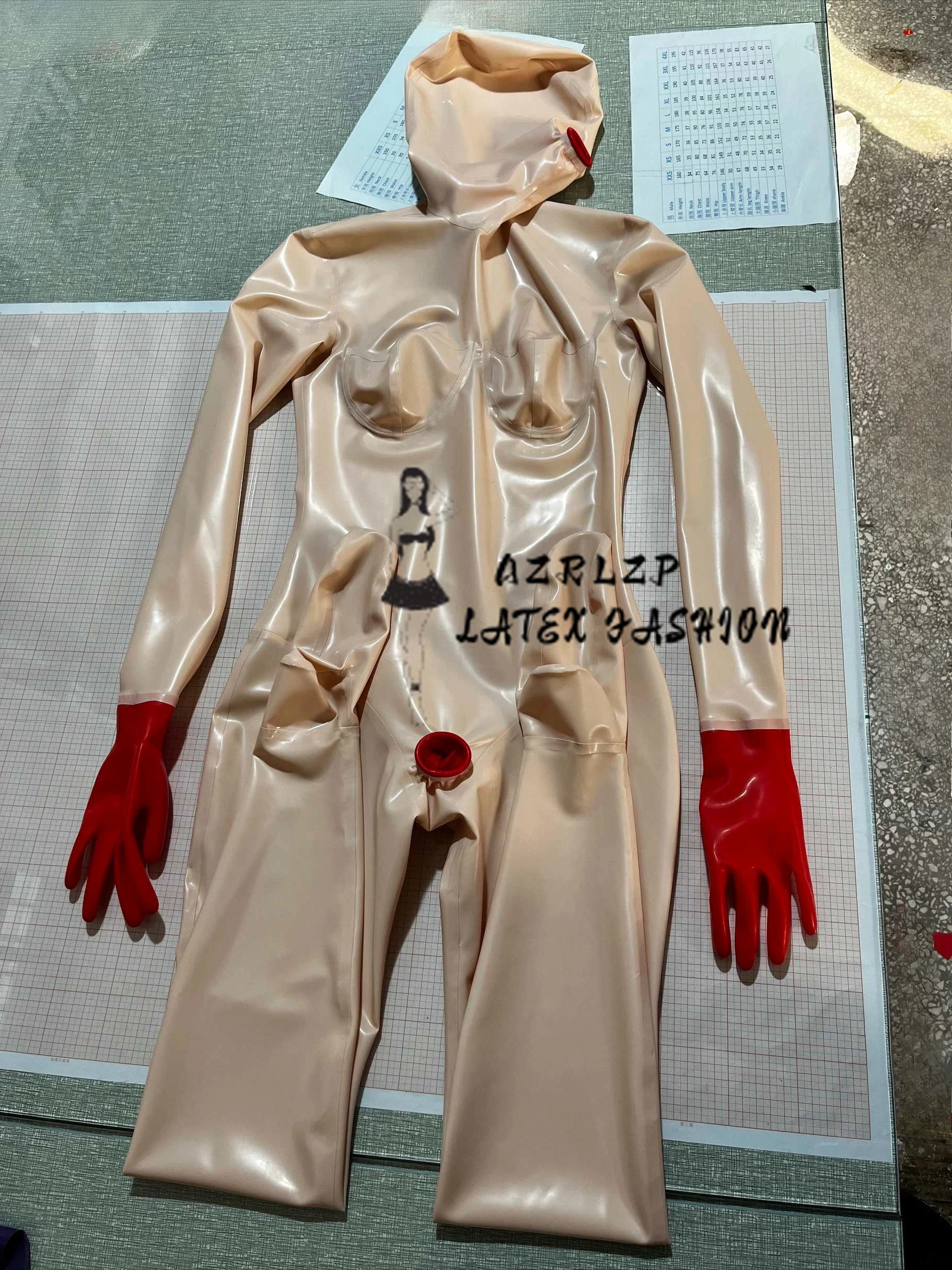 Unisex Sexy Latexstrumpfhose mit Kondome Catsuit mit Brusttasche Ganzkörperanzug Gummi Fetisch