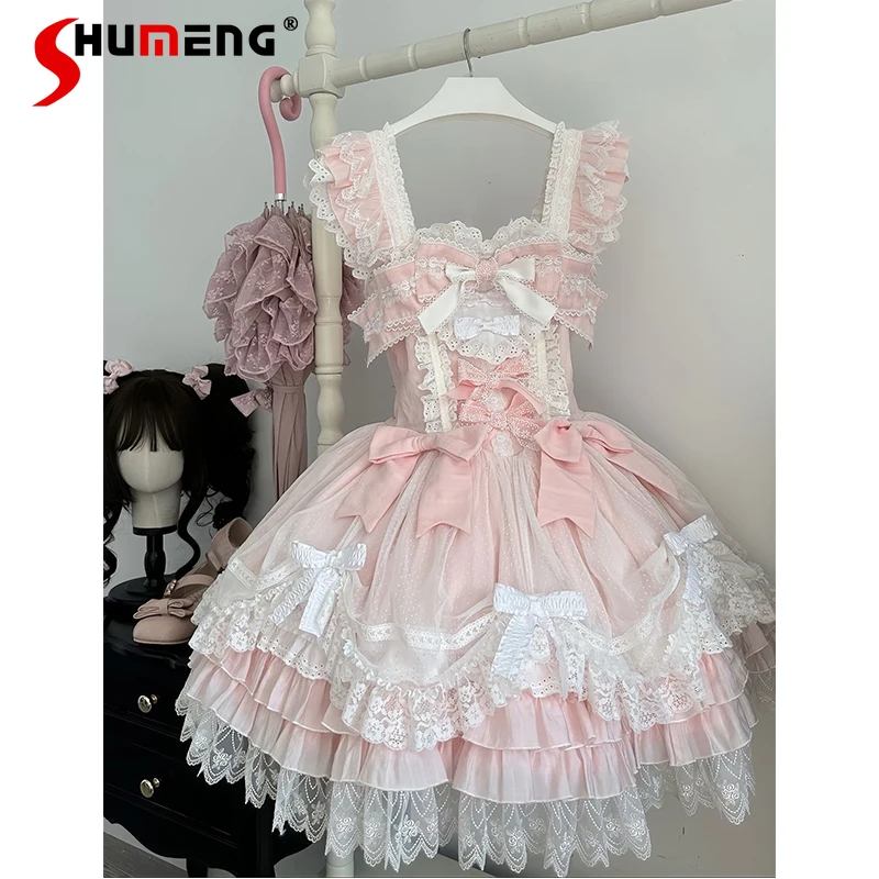 

Pink Ballet Style Lolita Dress Jsk Women's Sweet Elegant Lace Bow Princess Dress Girl's Daily Sleeveless Mini Dress Vestidos