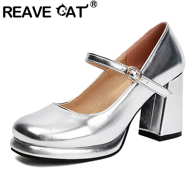 

REAVE CAT 2025 Женские туфли-лодочки Мэри Джейн с круглым носком на массивном каблуке 8 см на платформе с пряжкой и ремешком Большие размеры 41 42 43 Модная обувь для свиданий