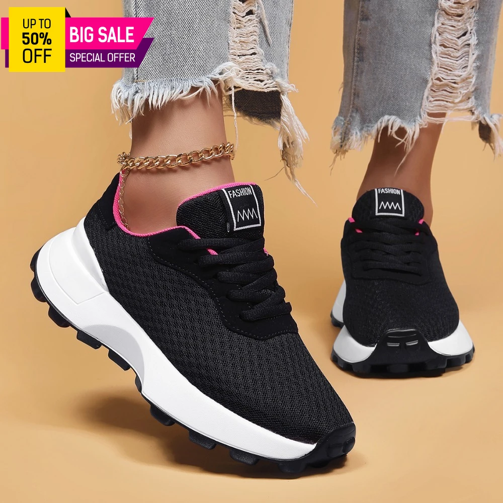 Zapatillas Deportivas Chunky para Mujer 2026, Transpirables, Tejidas, Negras y Rosas, con Plataforma, Antideslizantes, Ligeras, Casuales, para Streetwear