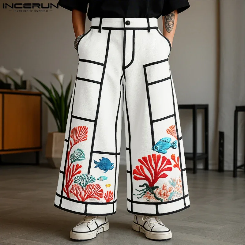INCERUN 남성 바지 자수 프린팅 패치워크 버튼 캐주얼 와이드 레그 바지 남성 스트리트웨어 루즈 2025 패션 롱 팬츠