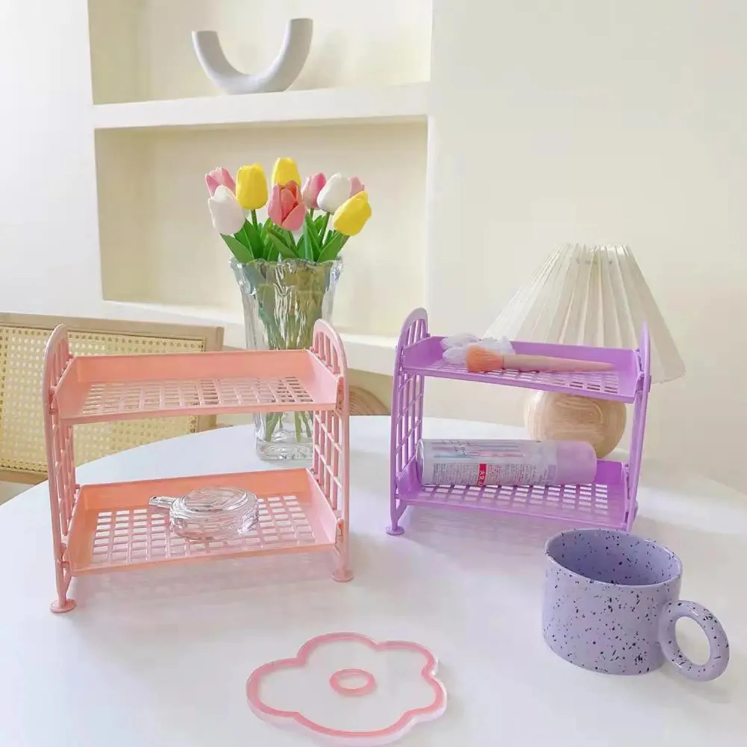 Colorful Macaron Double-layer Desktop Organizer with Hollow-out Design, Folding Shelf for Student Dormitory Desk Rack