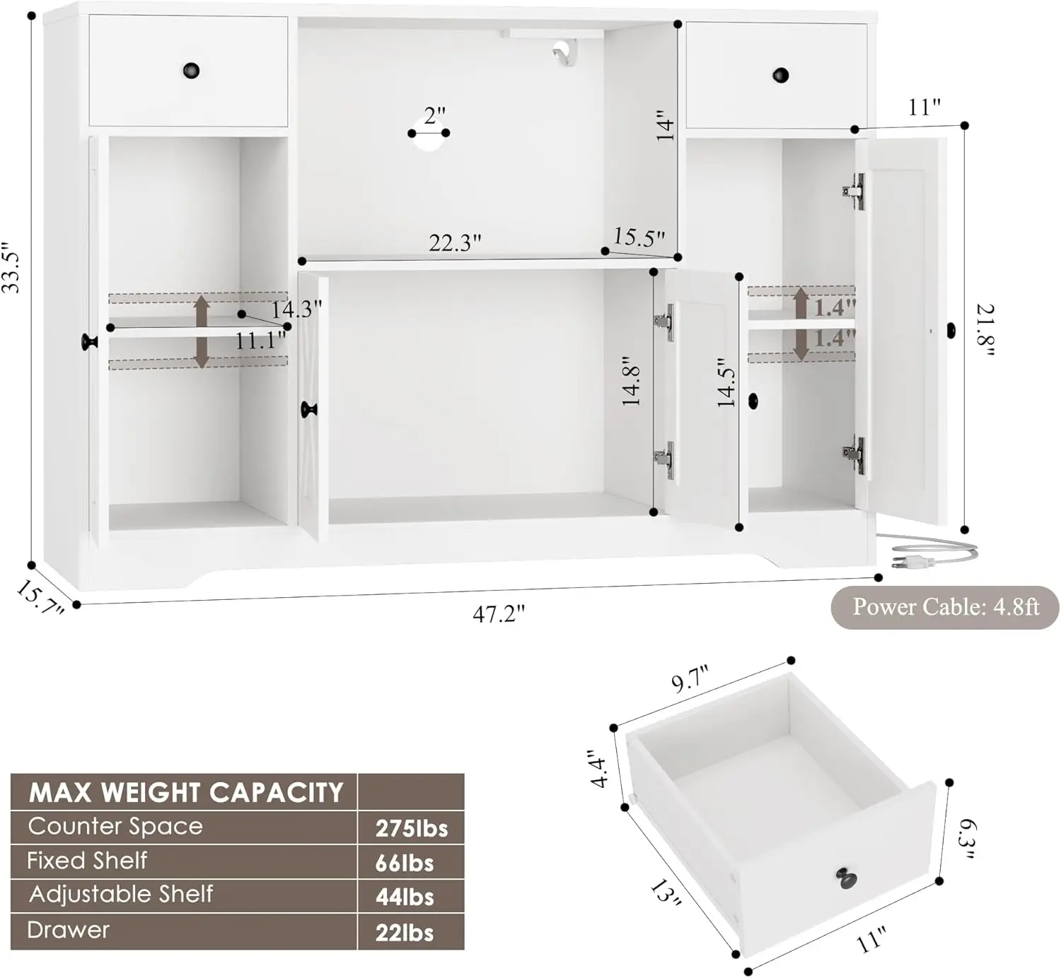 Armoire à micro-ondes 47' avec station de recharge, buffet de cuisine blanc avec tiroirs et étagères