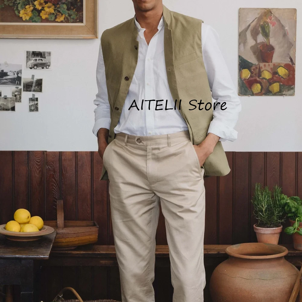 

Vests Casual Men's Vest Stand-up Collar Straight Pockets Work Vest Summer Linen Gilet Working Elegant Man Suits Blazer Clothing