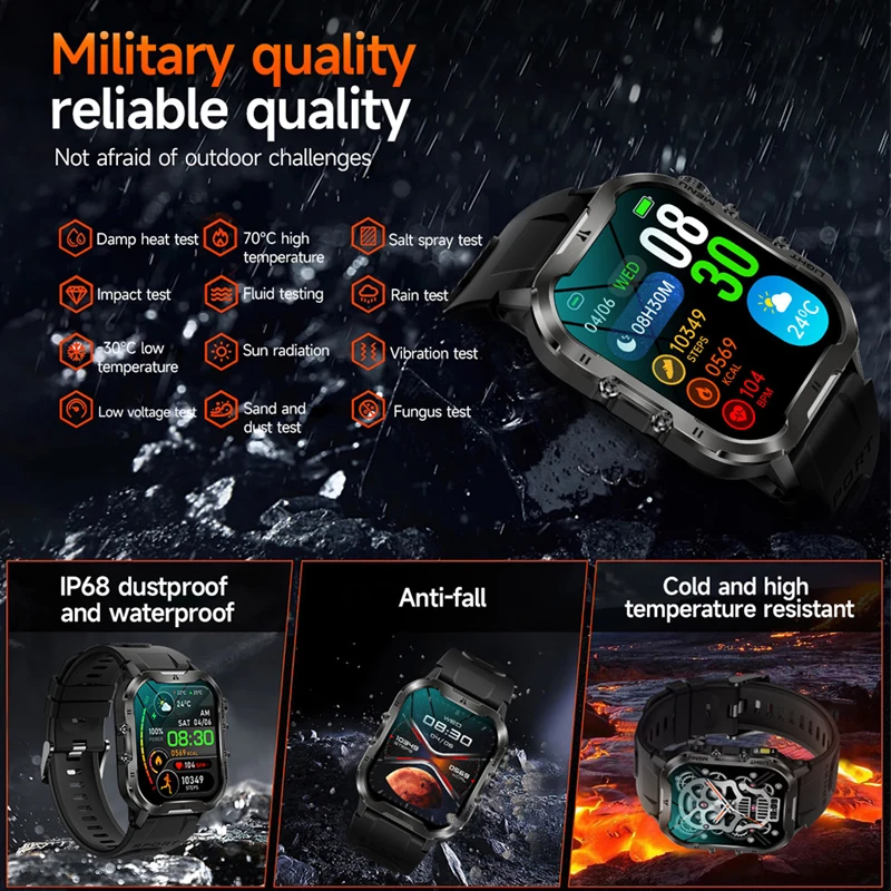 For Xiaomi Military Smart Watch Men IP68 Waterproof Outdoor Sports Flashlight Watches Health Monitoring 1.96\