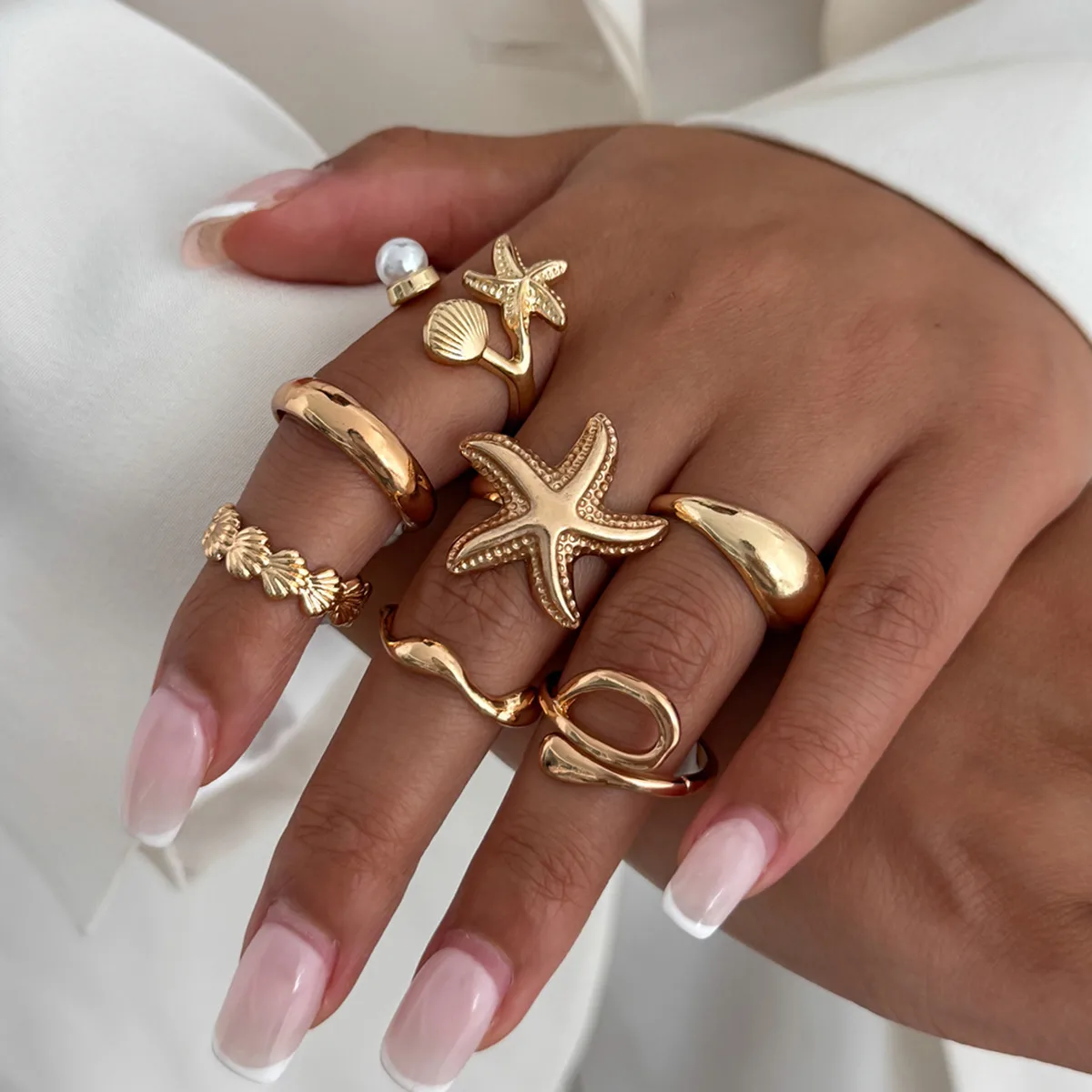 

SHIXIN 8pcs/set Bohemian Starfish Scallop Open Ring for Women New Trendy Imitation Pearl Irregular Knuckle Ring Vacation Jewelry