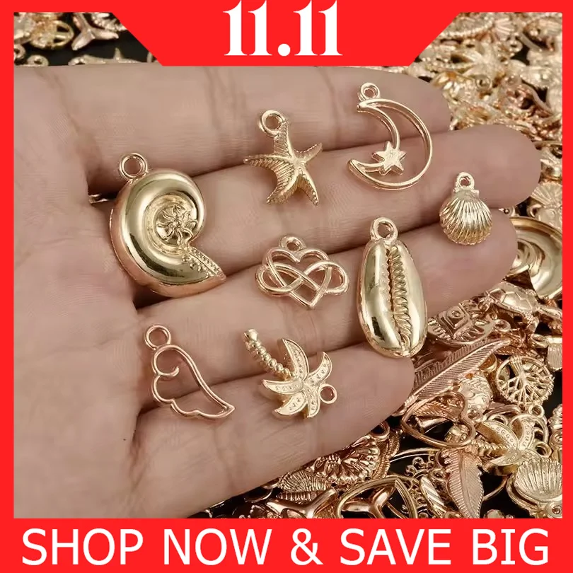 

10-100pcs/lot Mixed Random KC Gold Color Sea Animals Shells Conch Starfish Flowers Leaves Moon Pendants Jewelry Finding Necklace
